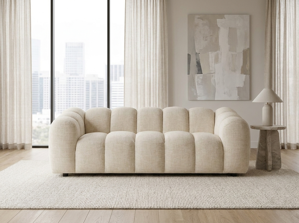 Canapé Bubble Organique 3 places en tissu chenille beige - NELIMAR